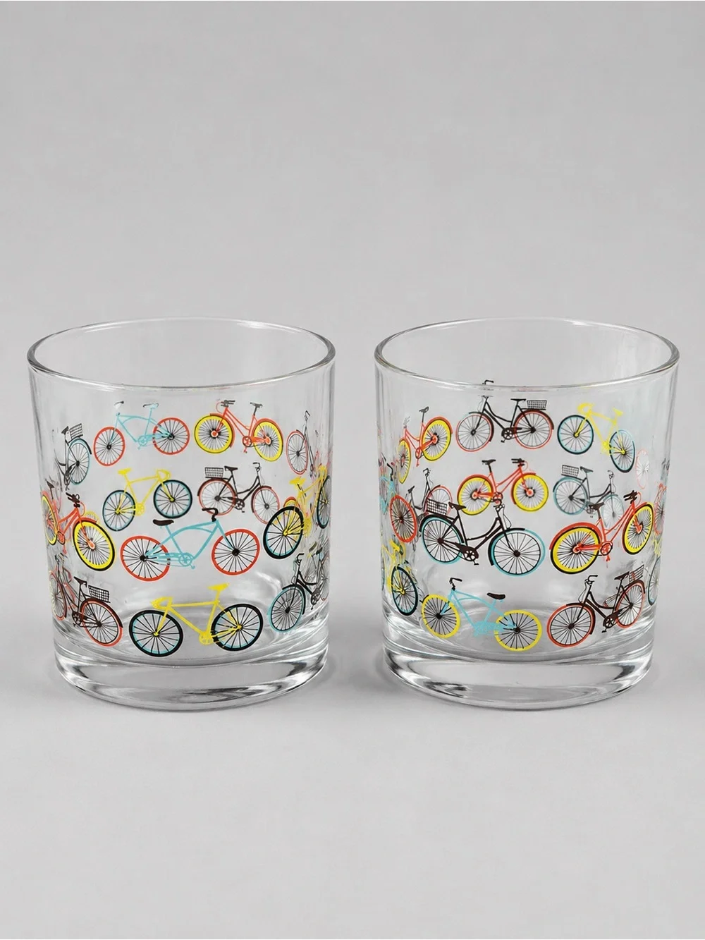 Set of 2 Bicycle Print Rocks Glasses Colorful Bike Lowball Whiskey Tumblers
